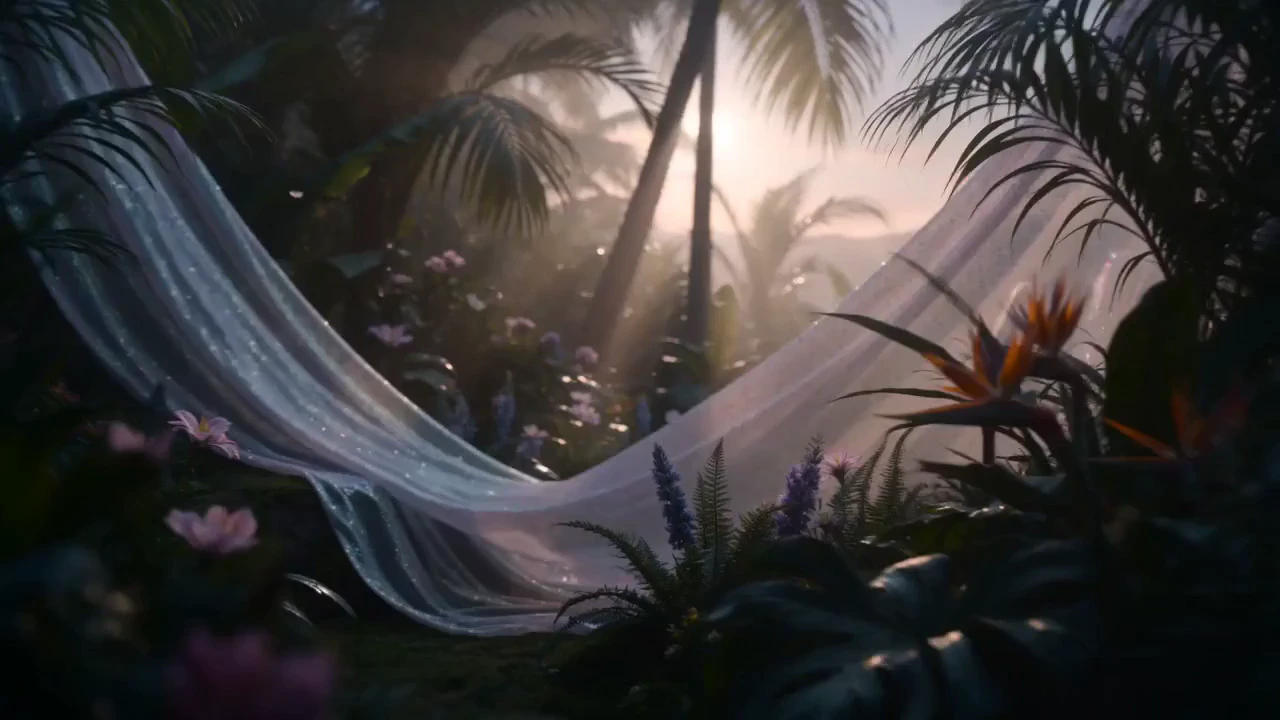 A whimsical luxury fashion film set inside a dreamlike fantasy garden at