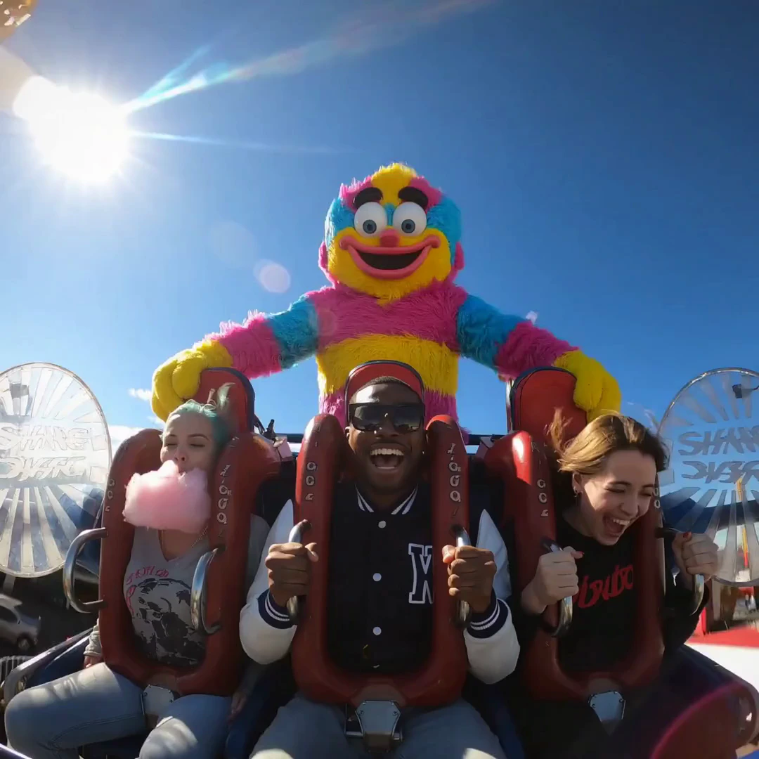 A chaotic, vibrant amusement park ride captured in a raw wide-angle