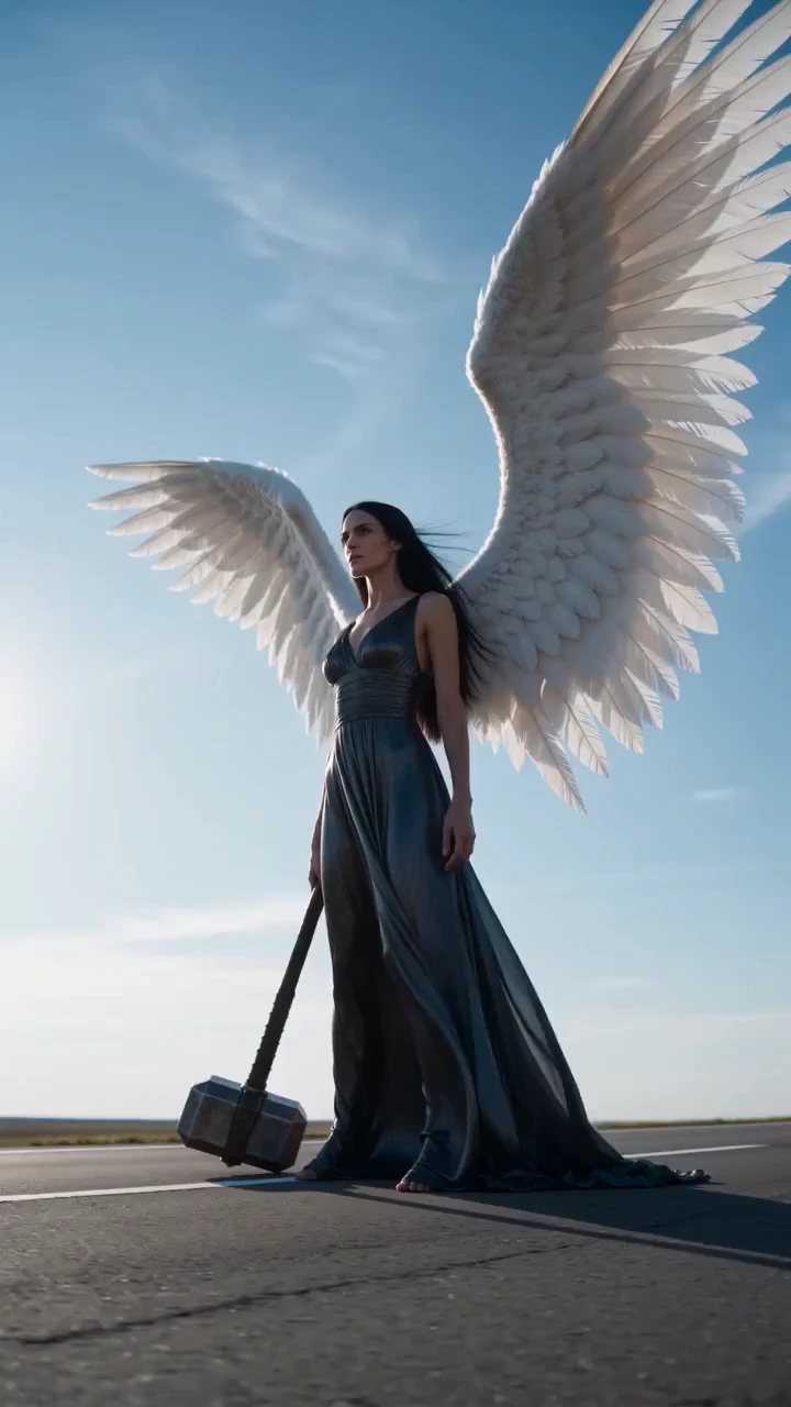 A powerful dark-angel fashion portrait on an empty road beneath a bright blue