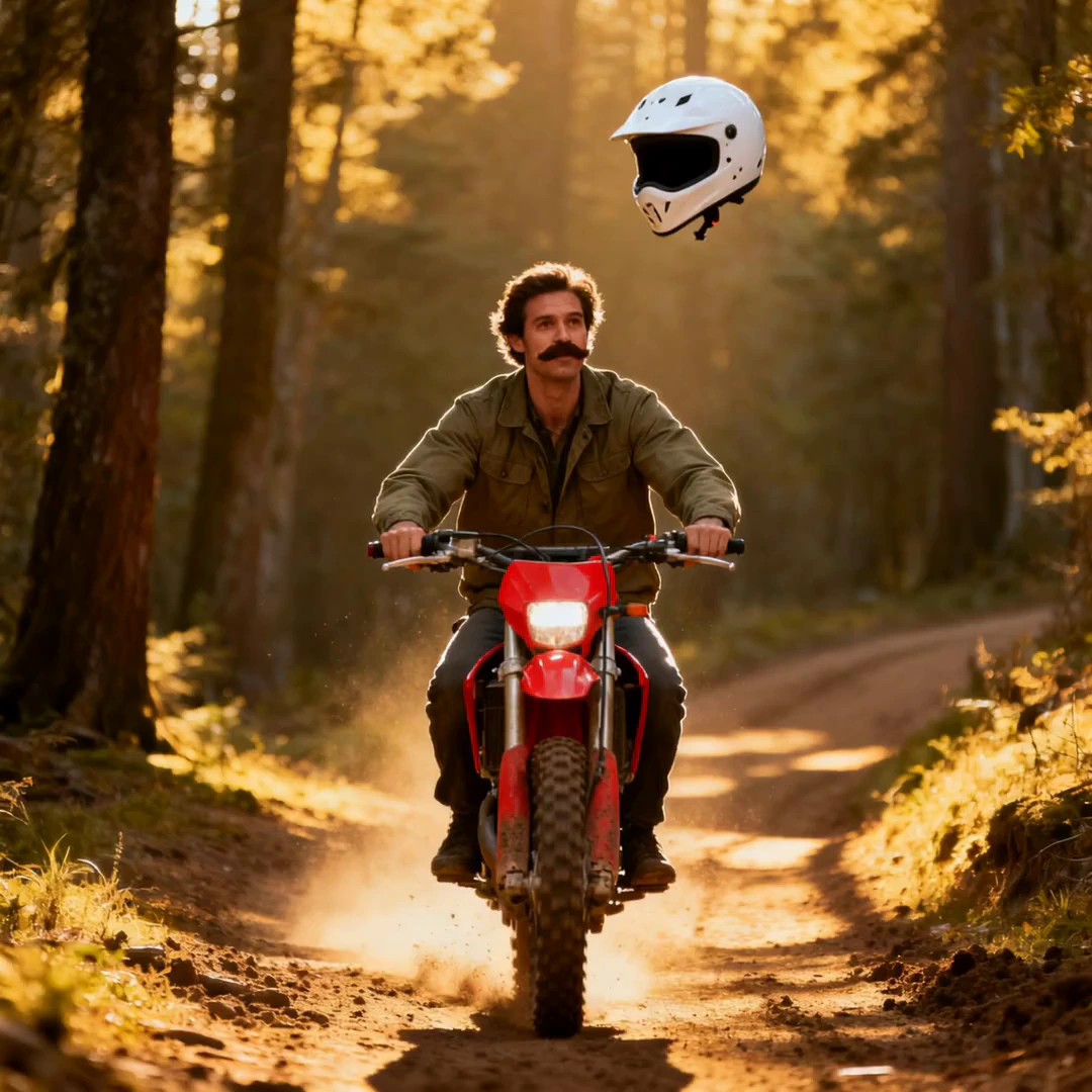 the camera tracks him ride as the helmet floats above his head, literally