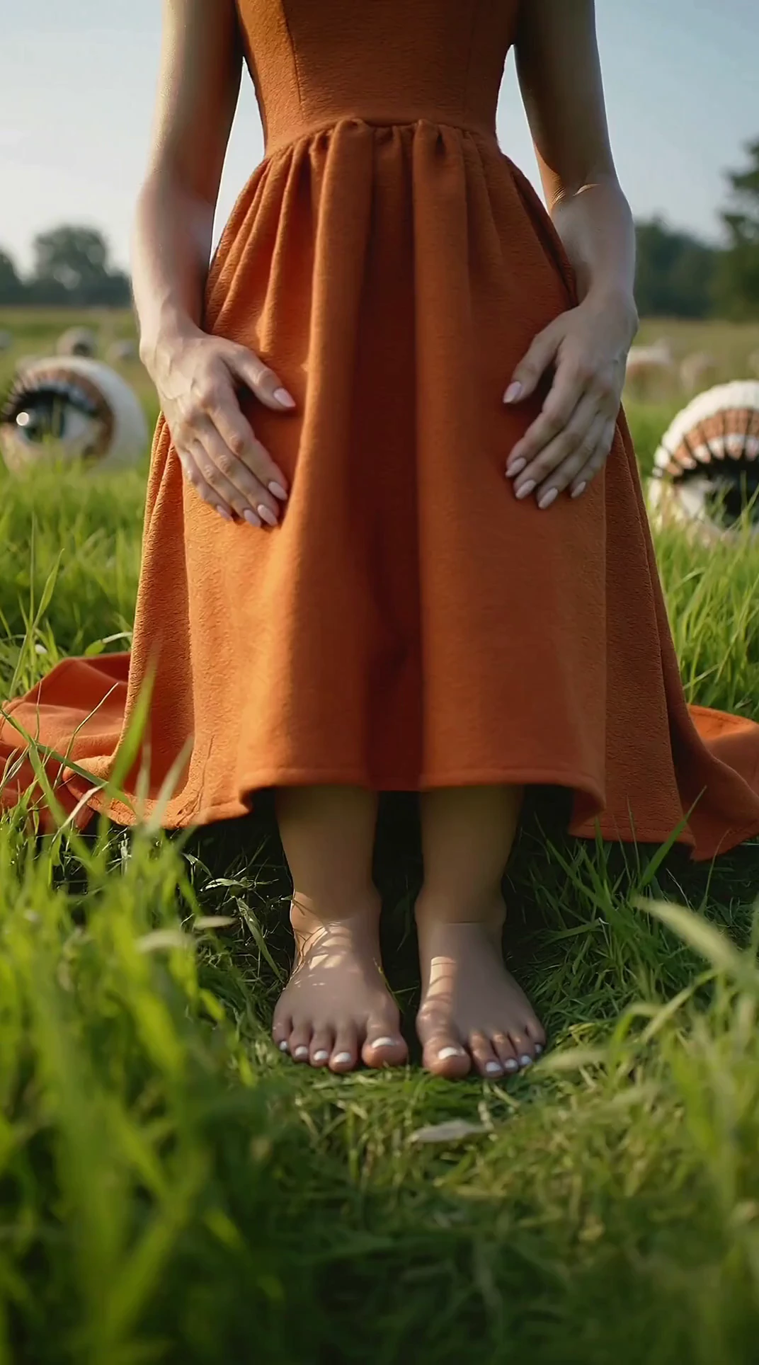 Cinematic upward tilt shot beginning at the woman’s bare feet and orange dress