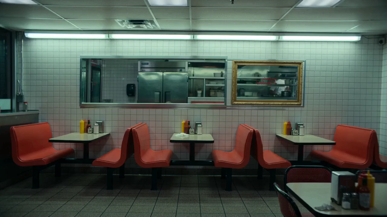 Cinematic indie film style, moody fluorescent lighting, greenish tint, high