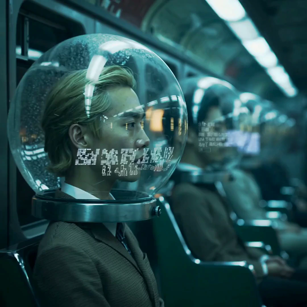 slow-moving, cinematic subway carriage in a near-future dystopian city.