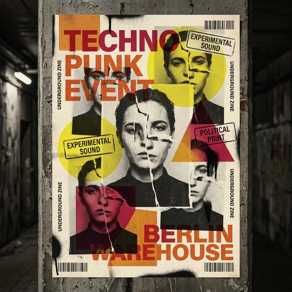 Experimental neo-brutalist poster inspired by underground music flyers, punk
