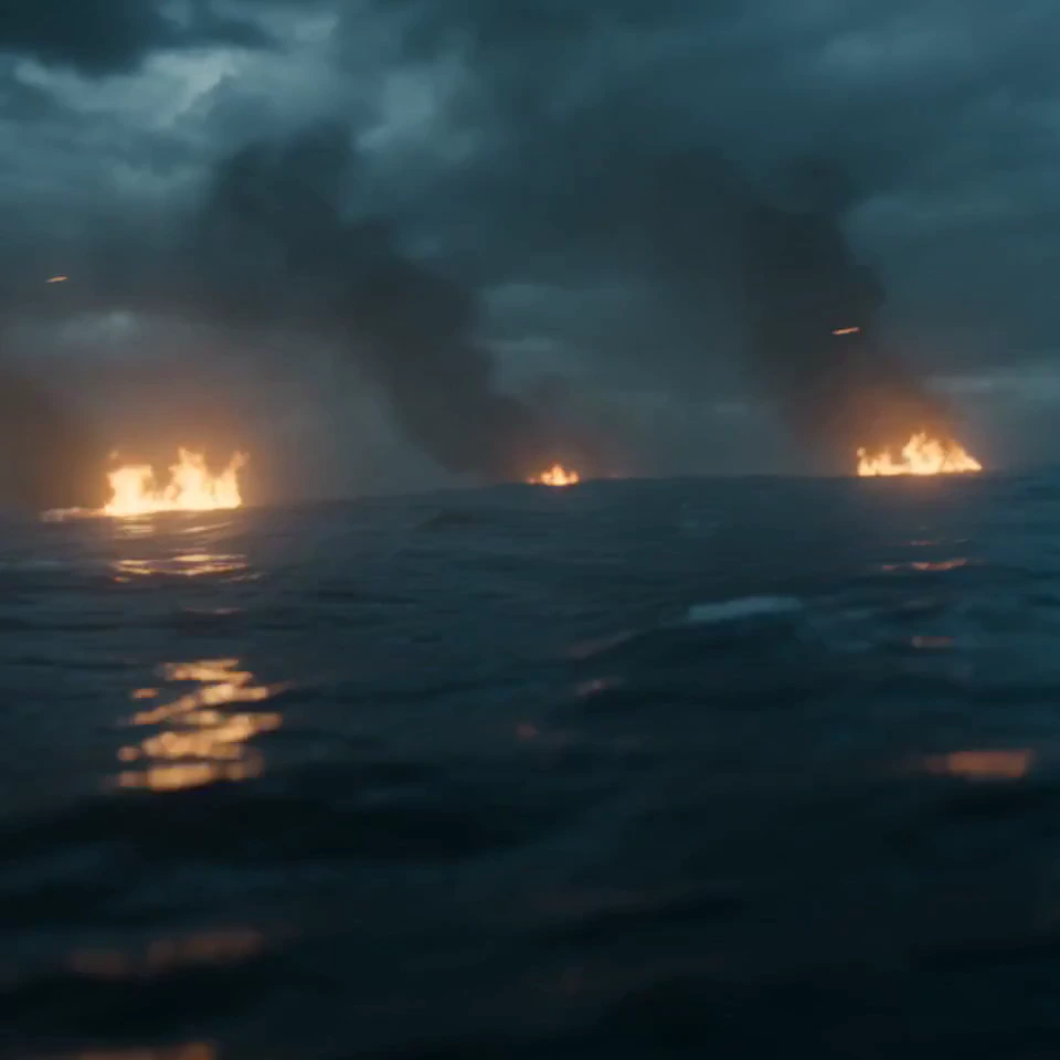 Close-up of a dark, stormy sea shrouded in dense, drifting fog, filmed from