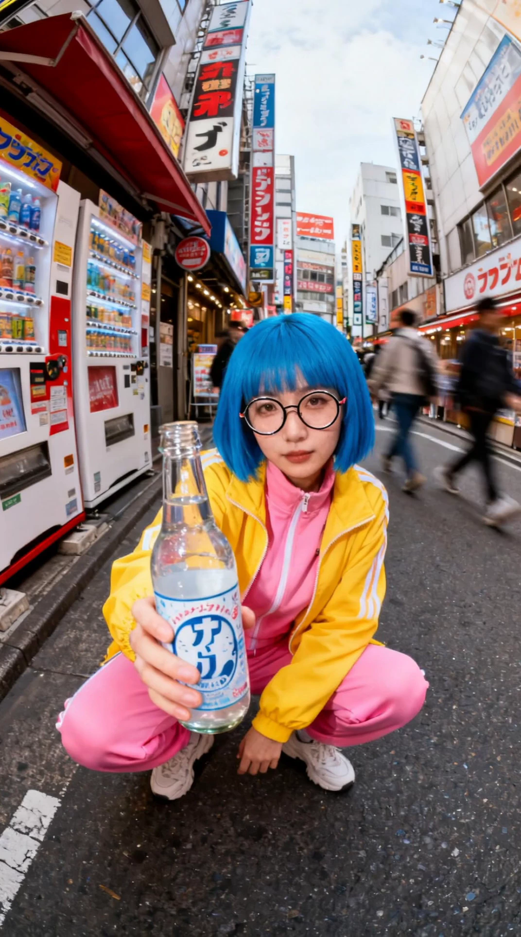fixed camera, she comes closer to the camera showing the bottle