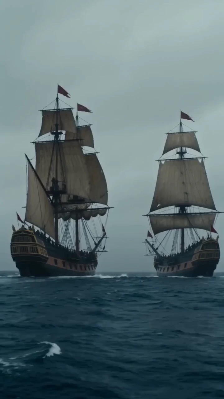 Cinematic old-world naval battle sequence in the middle of a rough ocean.