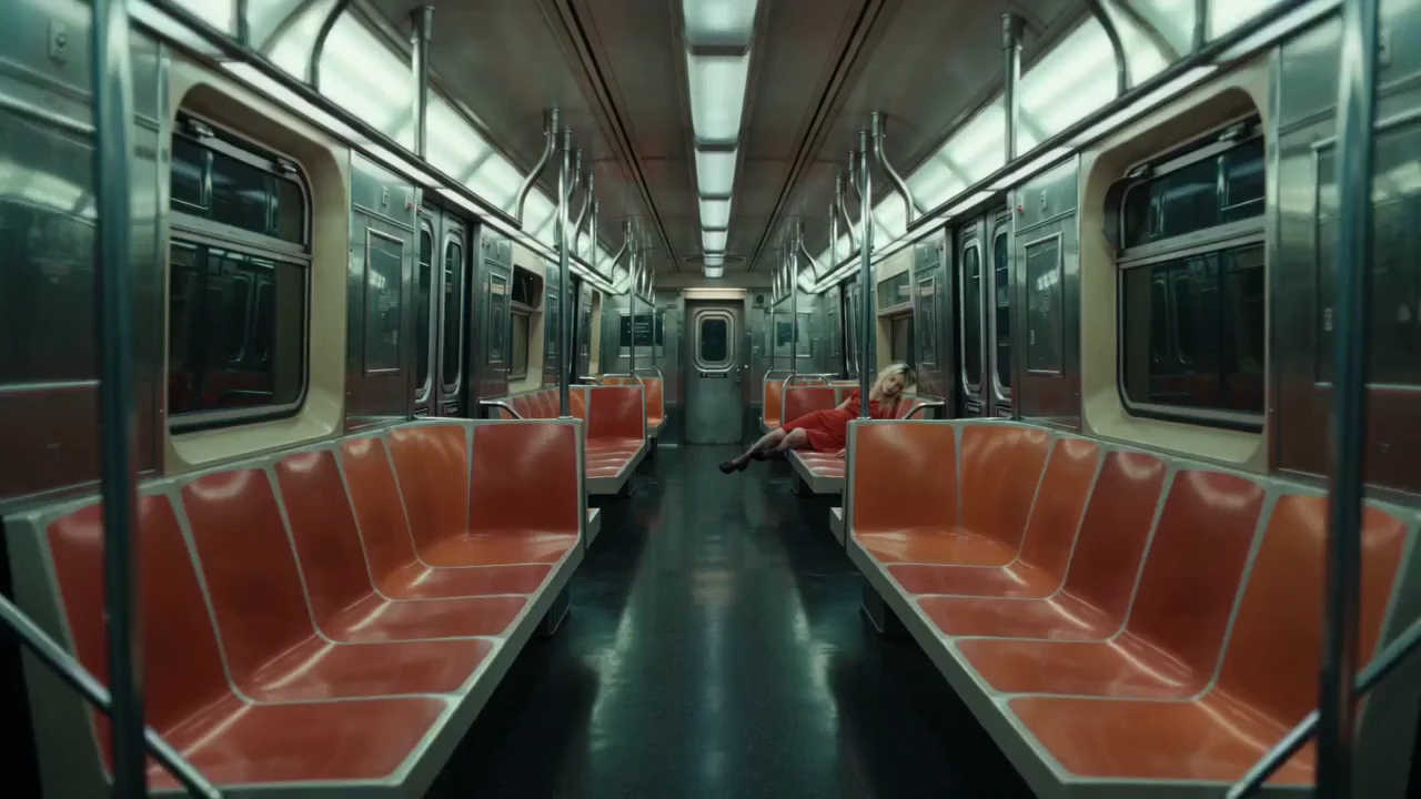 Cinematic indie film style, dim greenish fluorescent lighting, soft grain, low