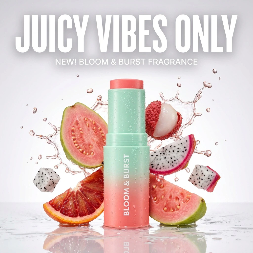 Hyper-clean premium beauty advertisement for a fictional fruit-inspired