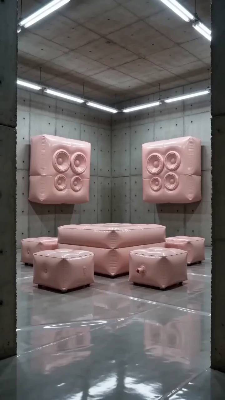 A minimalist brutalist installation inside a raw cast-concrete room with