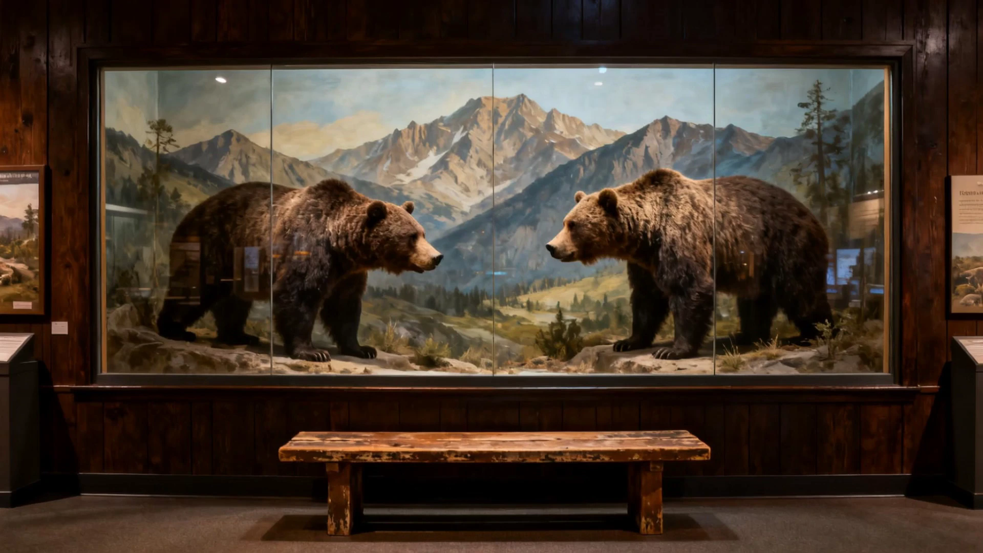 the bears wrestle while a guy in a goofy Bear costume enters the frame, sitts