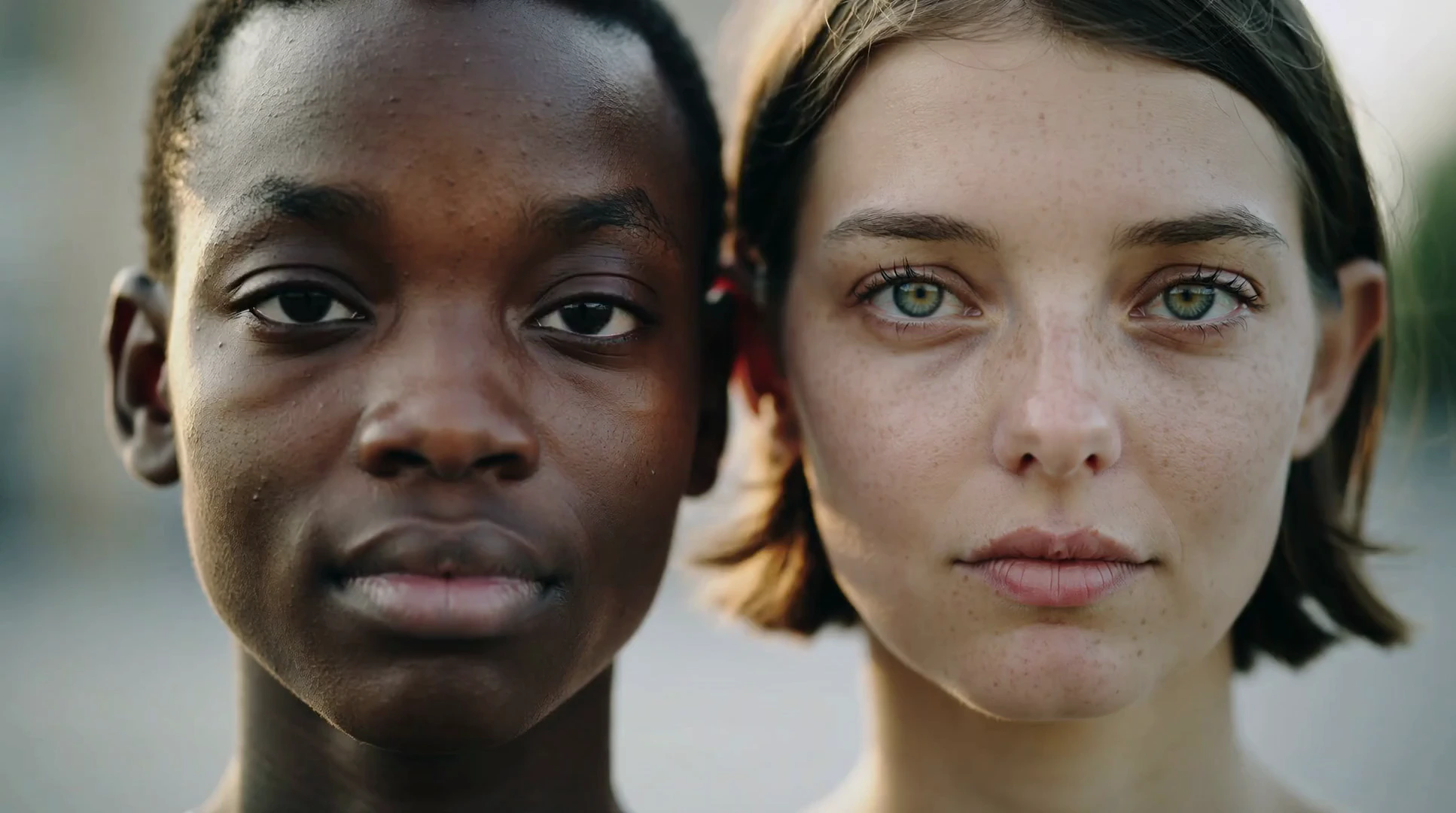 A single uninterrupted static close-up portrait of two people standing side by