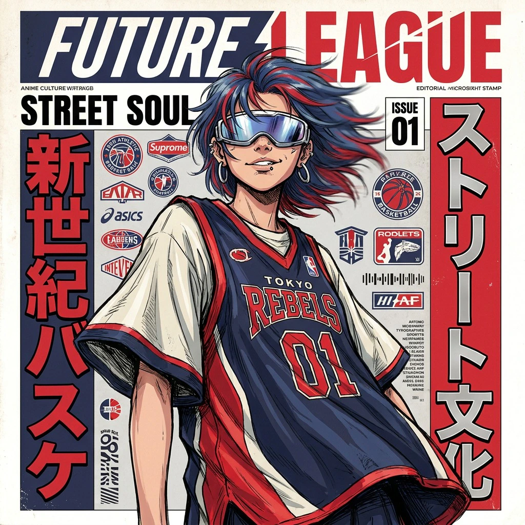 Bold anime-inspired street culture poster with a futuristic sports-editorial
