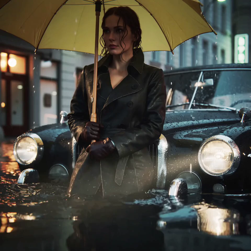 A gritty cinematic fashion film set on a flooded city street at night during