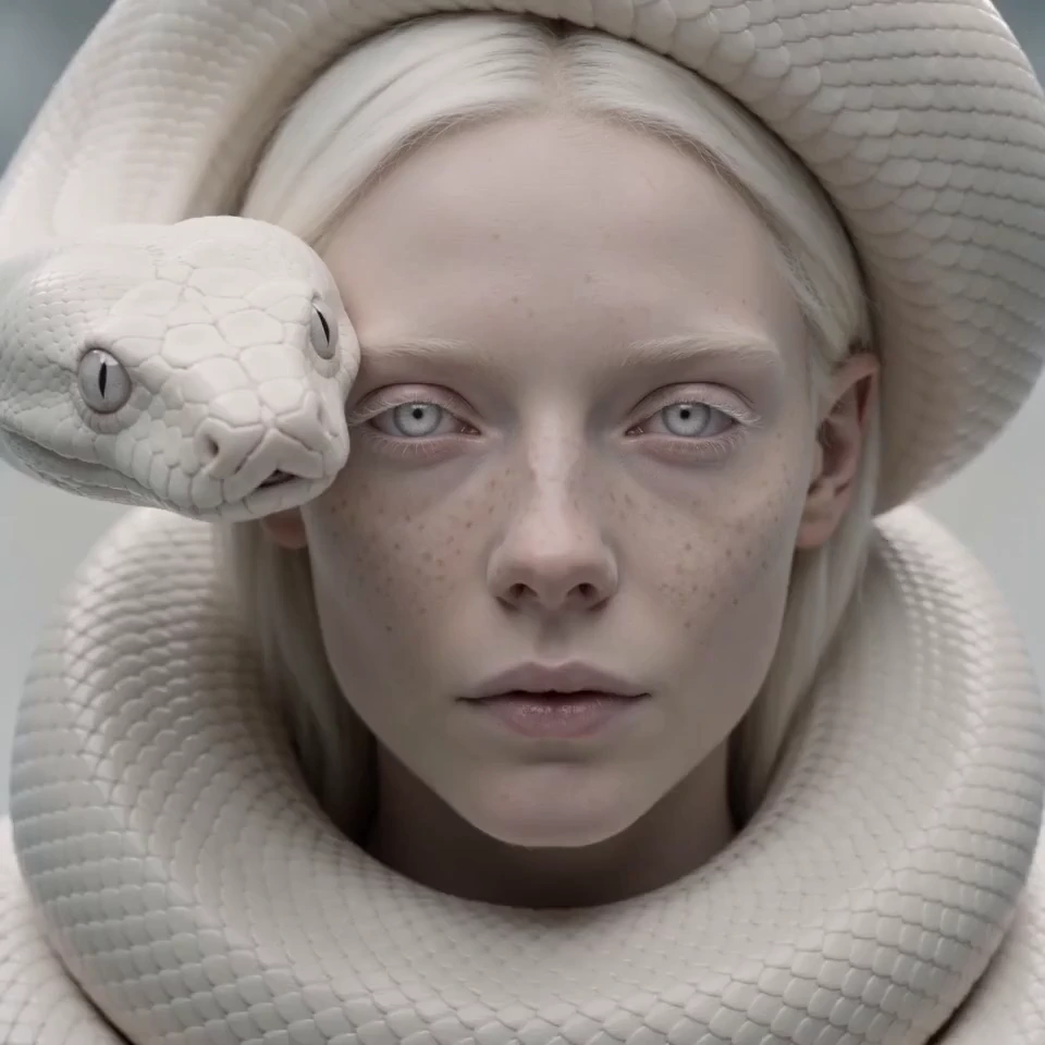 Close-up portrait of an albino freckled woman with pale eyes and white eyelashes.
