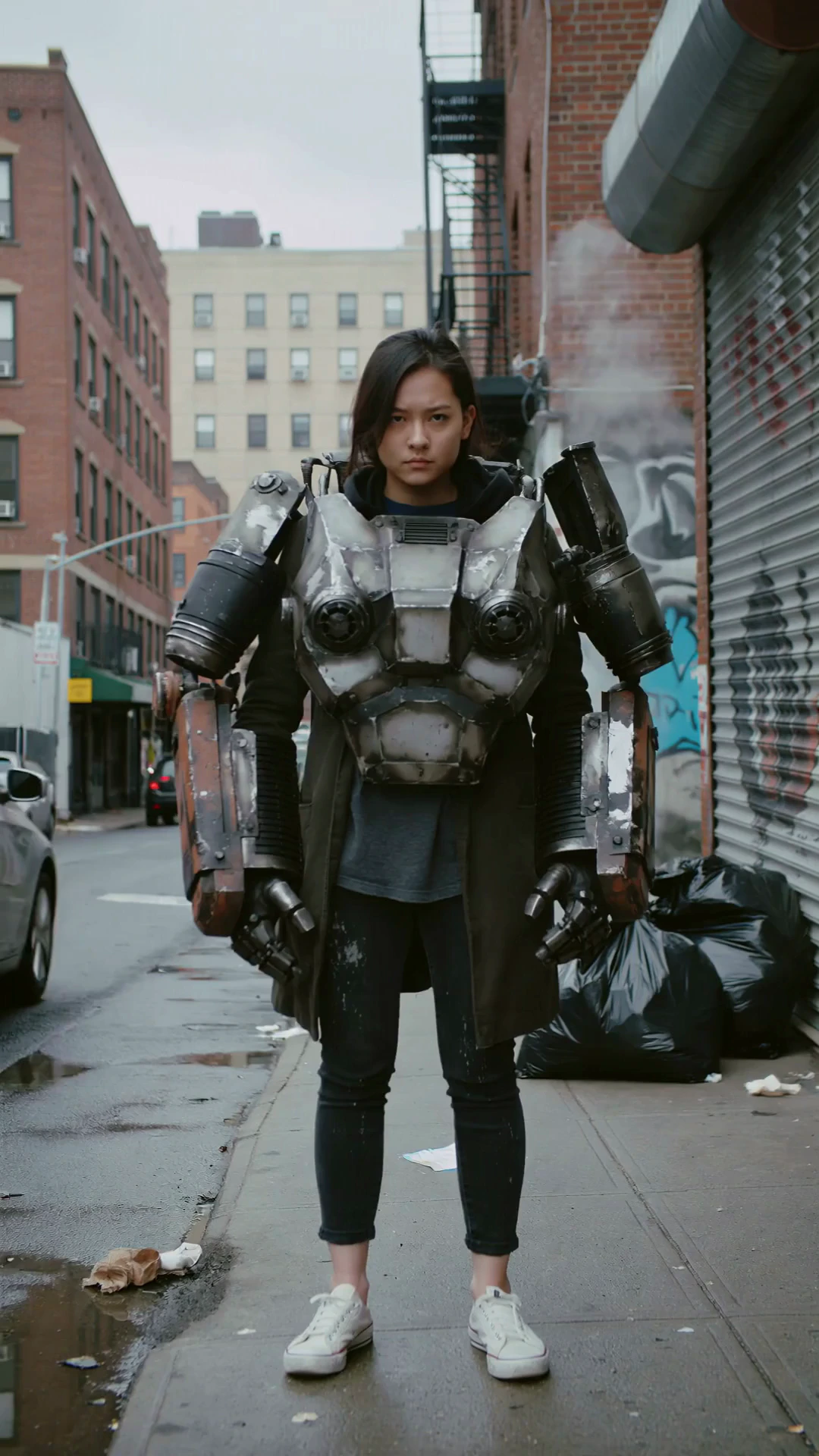 Subject: A super realistic young woman wearing enormous worn industrial