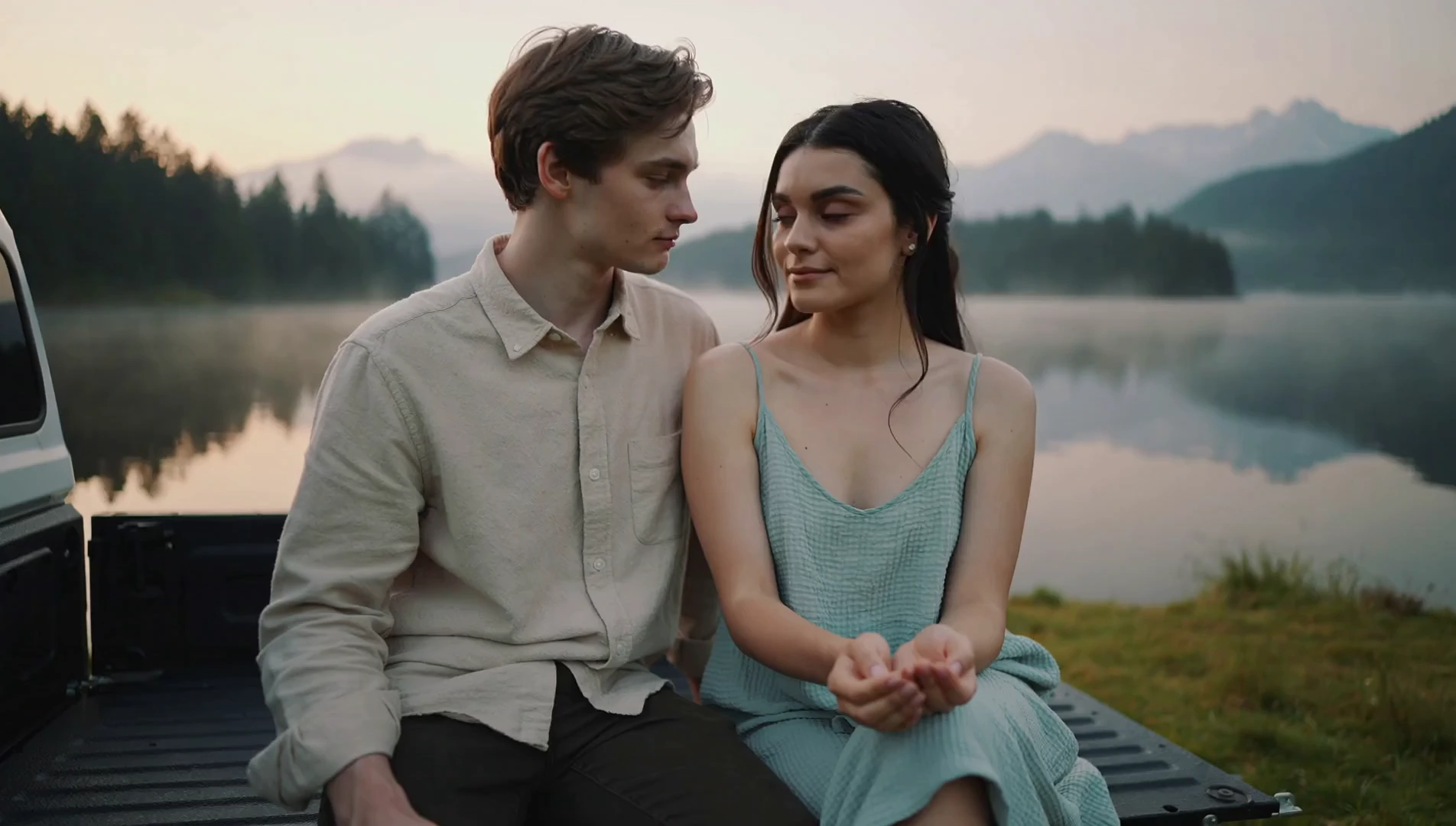 The camera stays still, capturing the intimate expressions of the young couple
