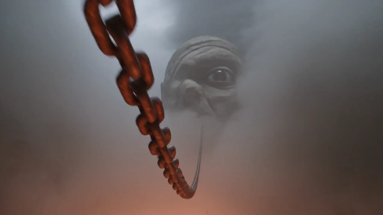 15-second cinematic action sequence on the chains of a colossal buried titan