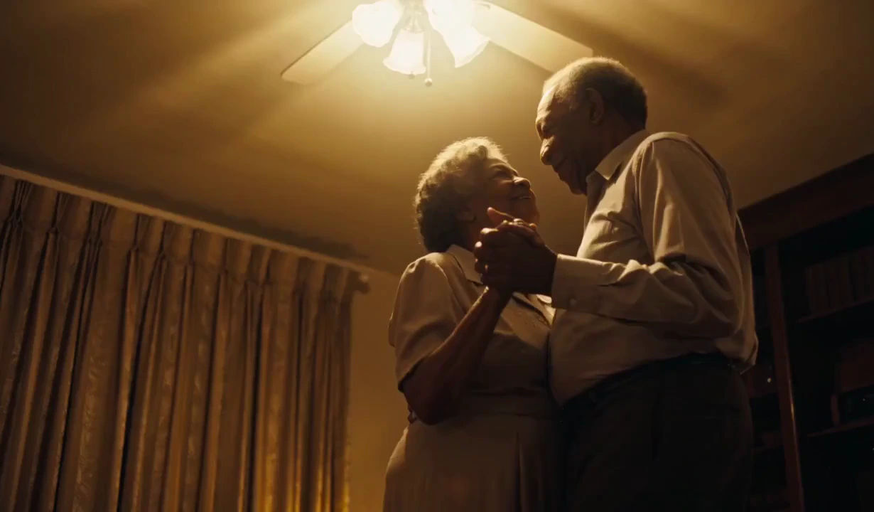 An intimate cinematic documentary scene of an elderly African American couple