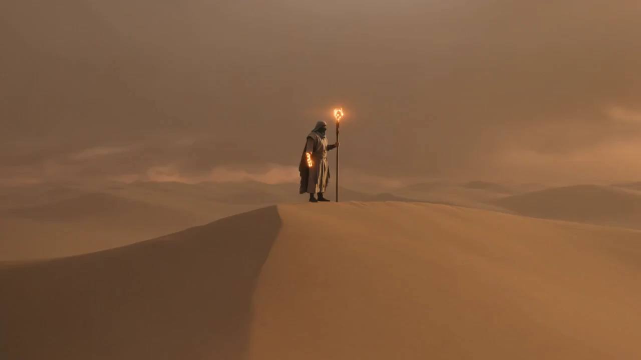 Ultra-cinematic fantasy desert at dusk during a colossal sandstorm.