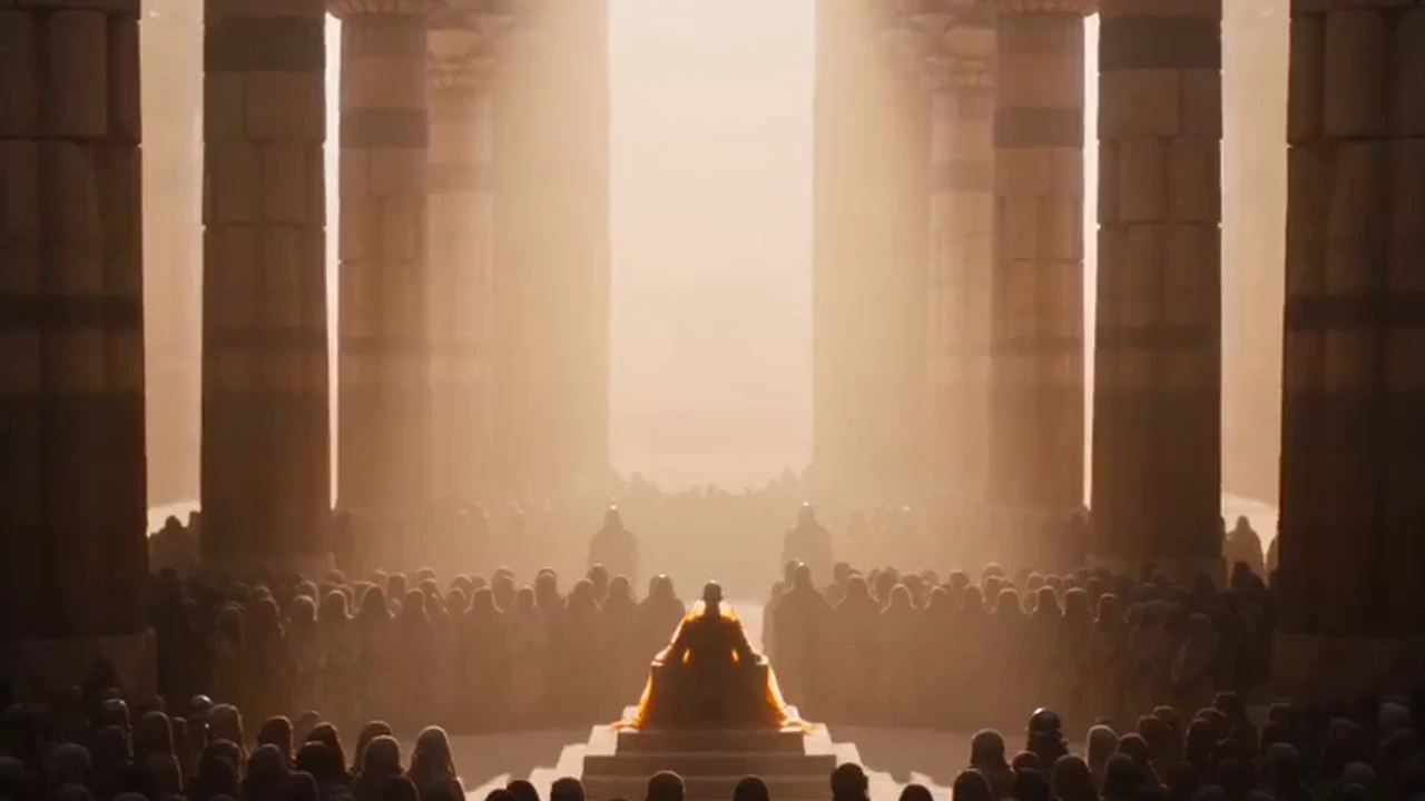 Cinematic imperial judgment scene inside a vast desert-world palace, with the