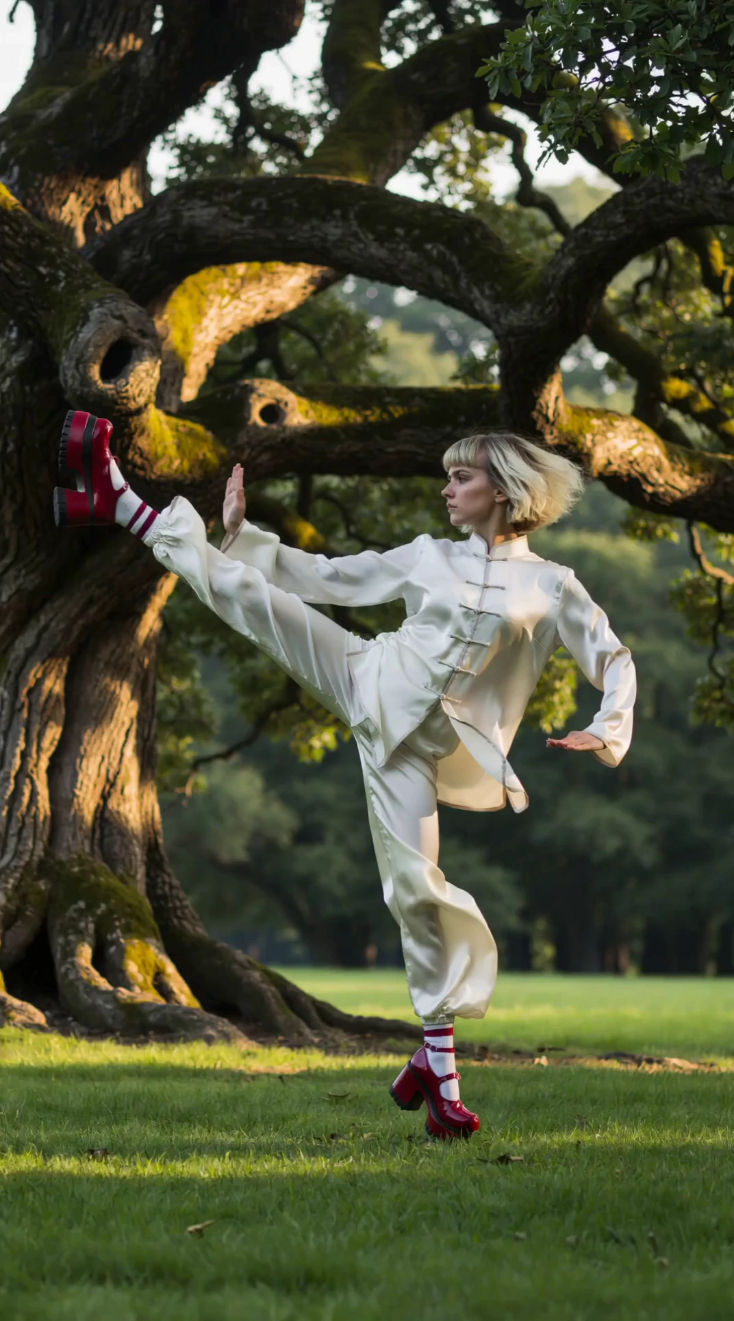 A cinematic full-body fashion photograph capturing a young androgynous woman