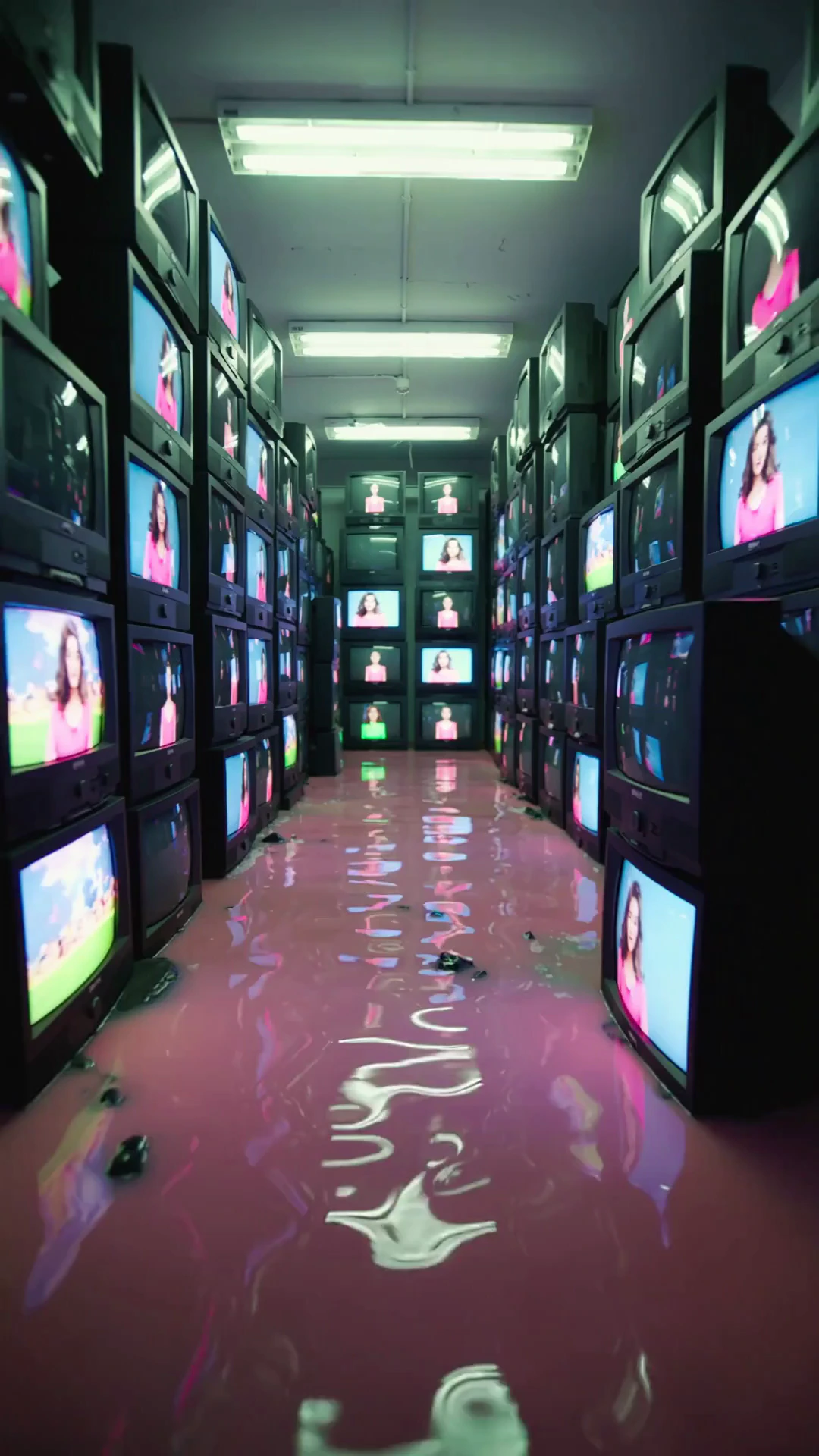An eerie late-1980s / early-1990s analog media installation, shot on 35mm and