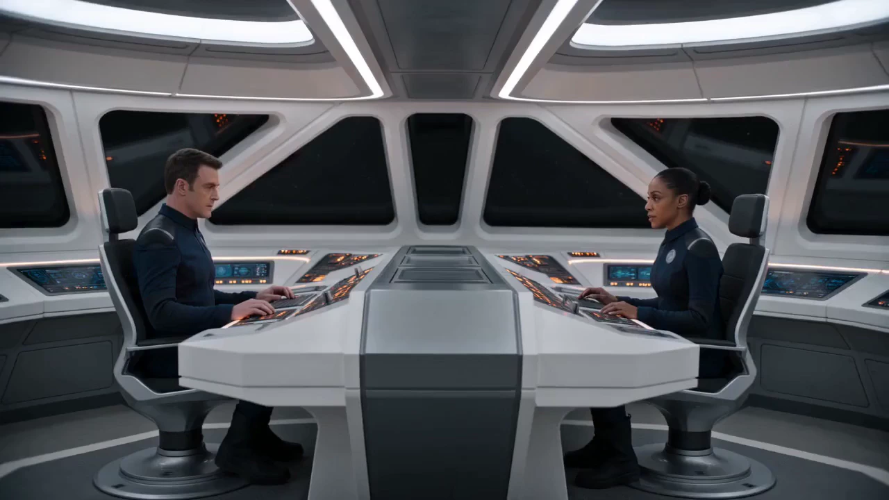 Cinematic sci-fi sequence inside a spacecraft, symmetrical composition