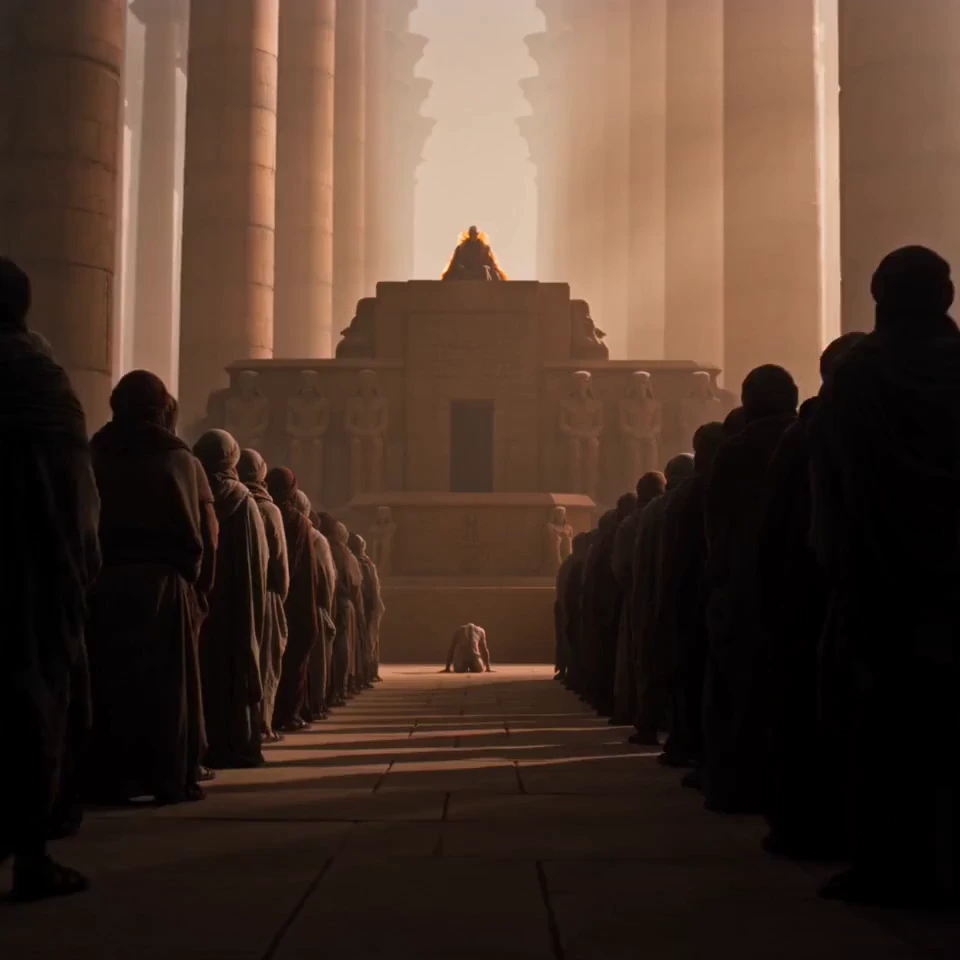 Cinematic imperial judgment scene inside a vast desert-world palace, with the