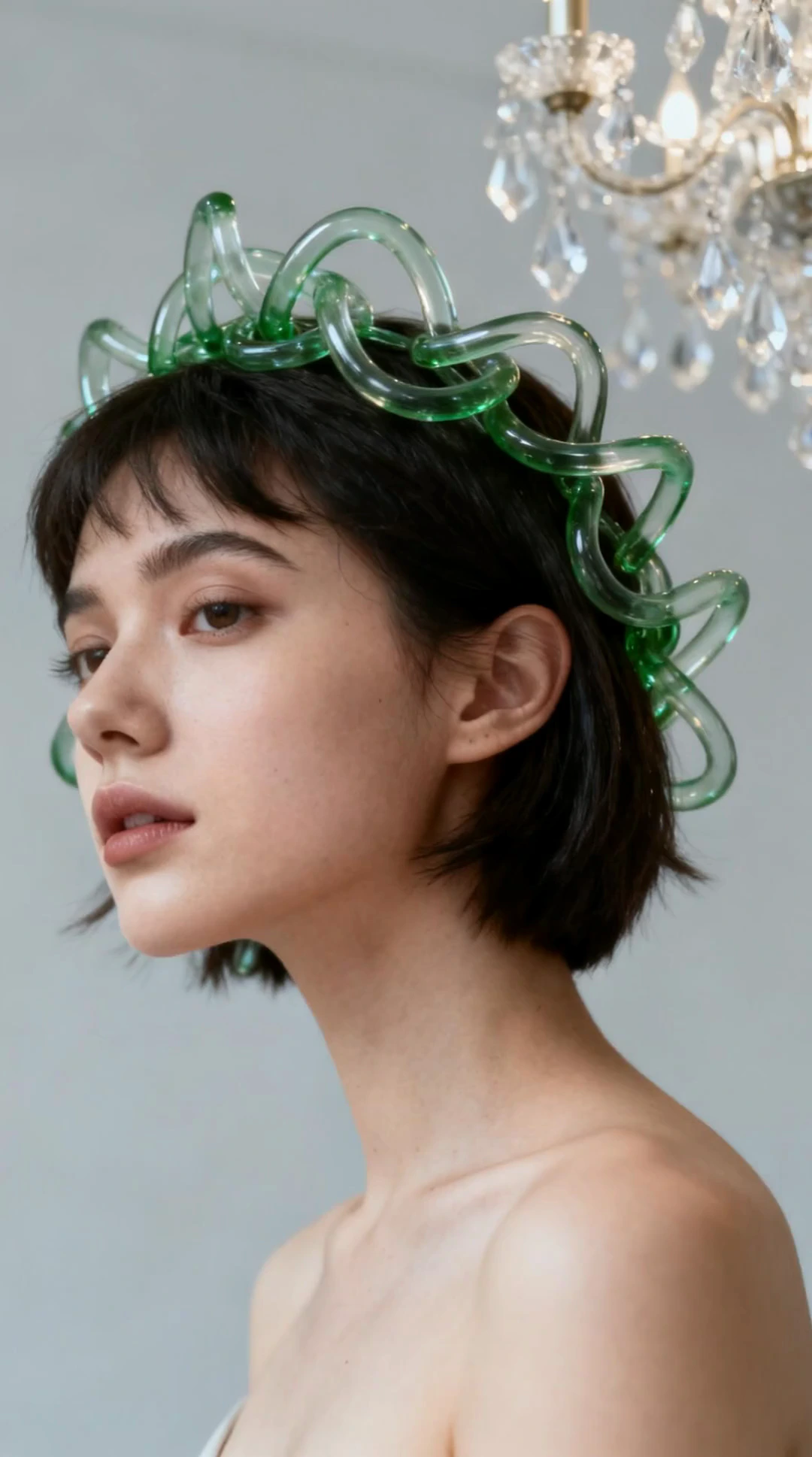the camera slowly orbits around her, revealing her face, as the glass pipes