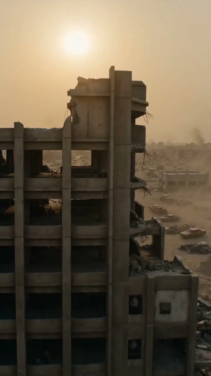 A lone sniper hidden in a ruined tower, face calm but intense, eye locked