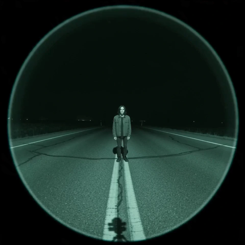 A deserted road at night captured through a fisheye infrared night-vision camera.