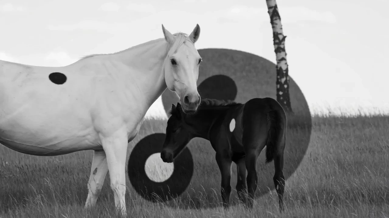 Black and white photography of a white horse and a black foal artfully arranged