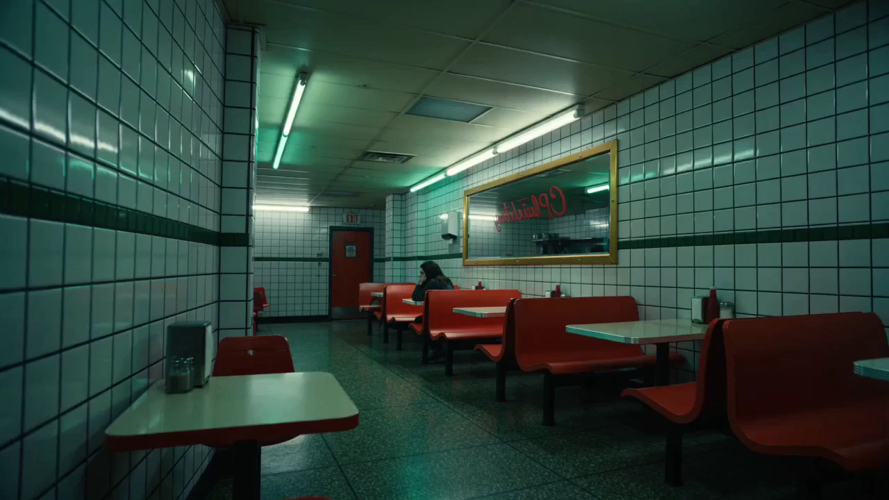 Cinematic indie film style, moody fluorescent lighting, greenish tint, high