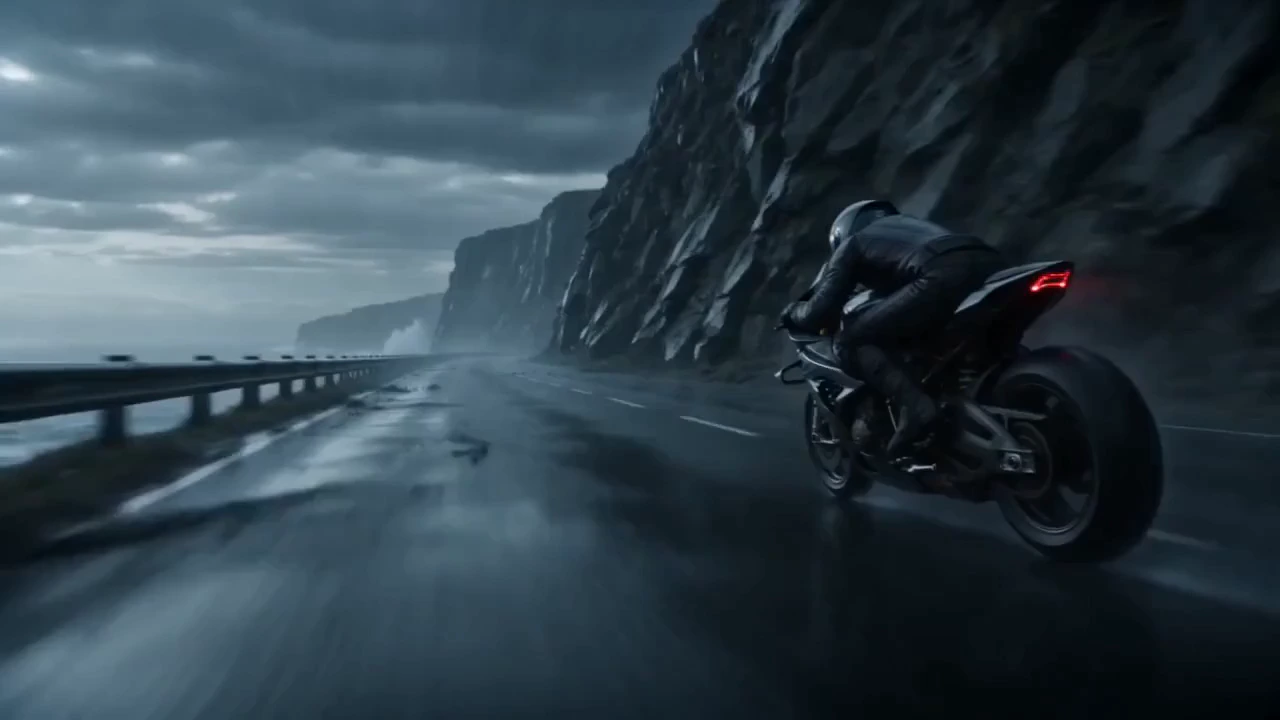 Hyperrealistic cinematic coastal disaster, ocean cliff highway, violent